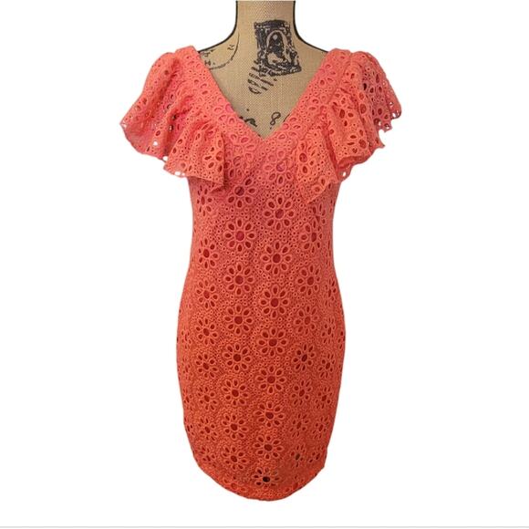 New Size 2 Trina Turk Coral Orance Eyelet Lace Dress With Ruffles - Picture 3 of 7